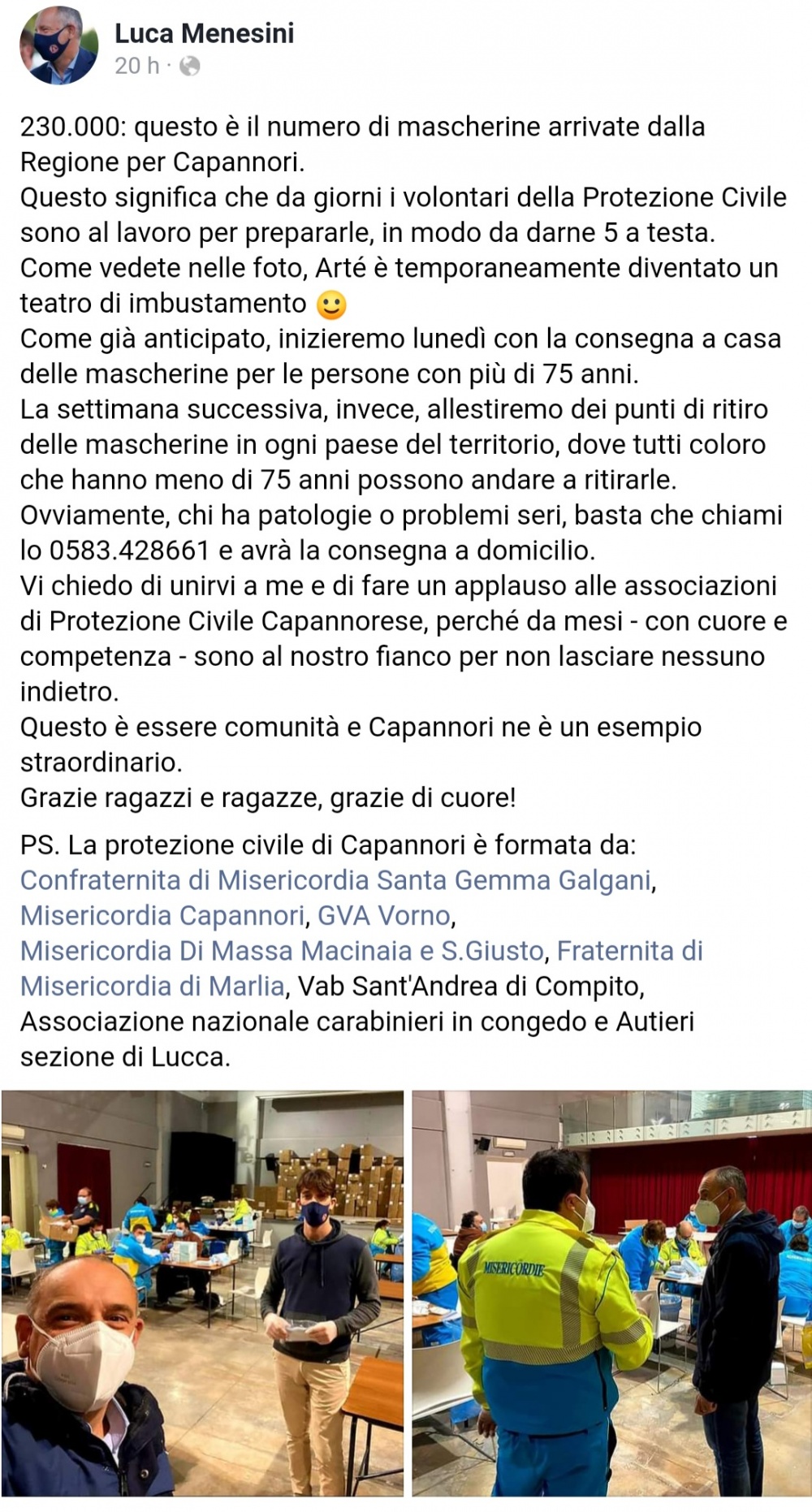 Sindaco Luca Menesini ringrazia i volontari di Protezione Civile