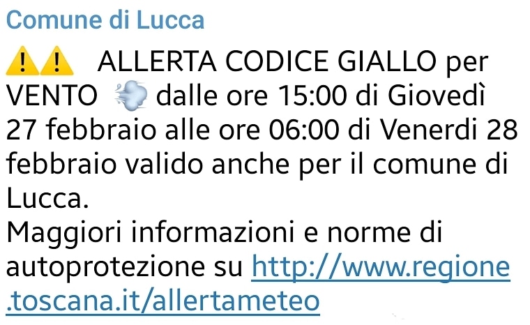 ALLERTA CODICE GIALLO VENTO