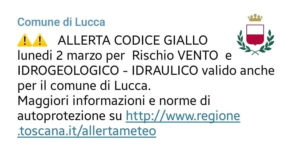 allerta meteo gialla lunedi 2 marzo