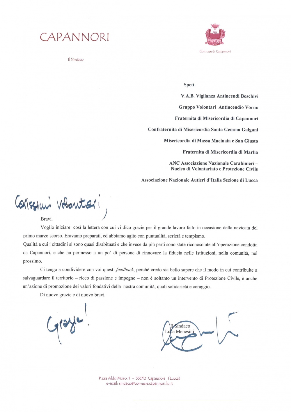 Lettera ringraziamento Sindaco Capannori - marzo 2018