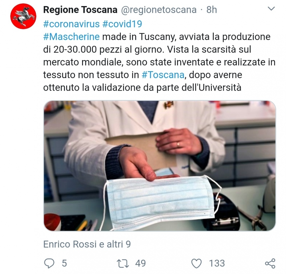 Il tweet della regione Toscana in relazione alla produzione di mascherine